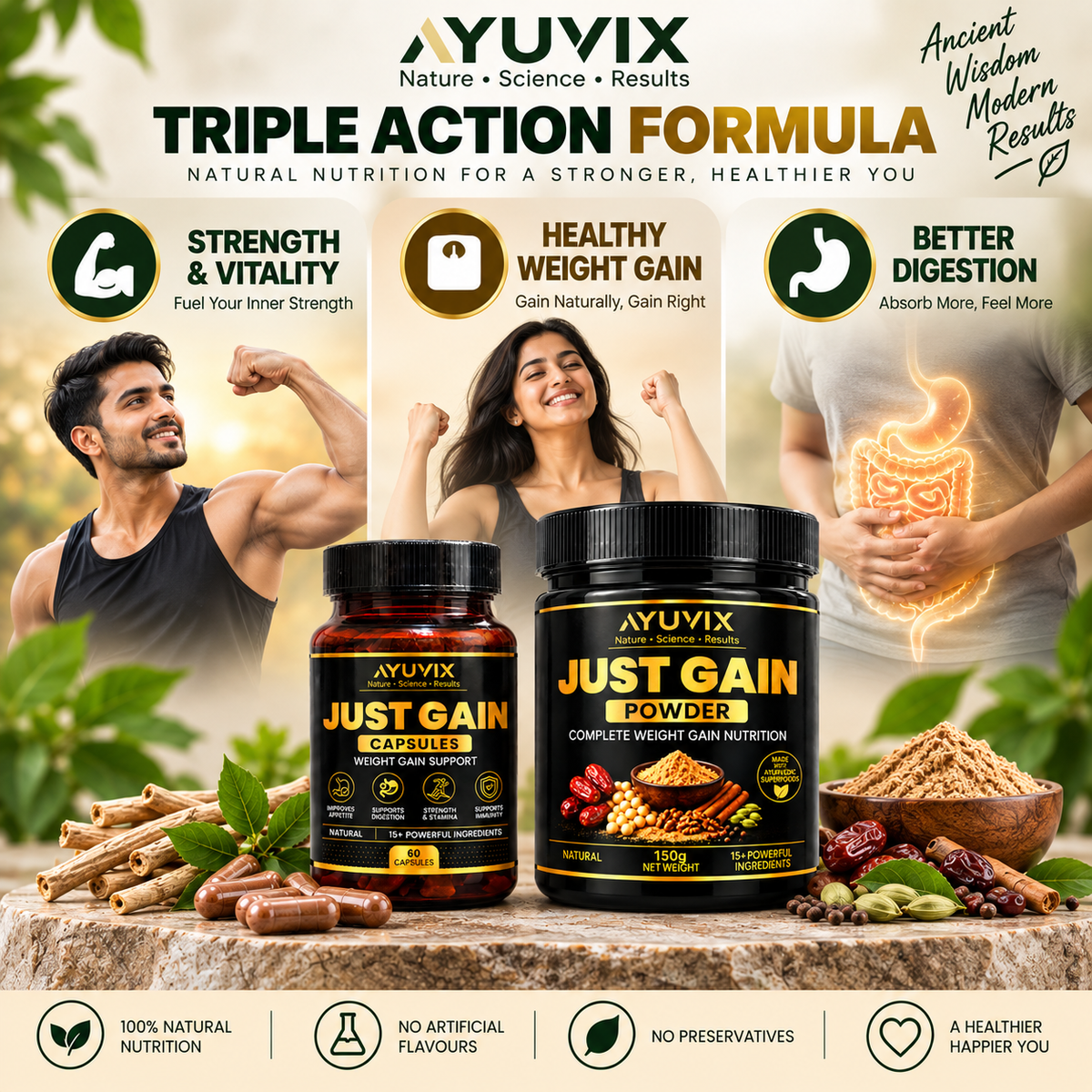 Ayuvix Just Gain Powder & Capsules Combo